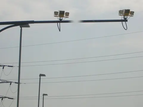 Average speed cameras on an overhead arm above a motorway