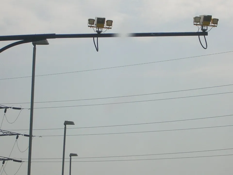 Average speed cameras on an overhead arm above a motorway