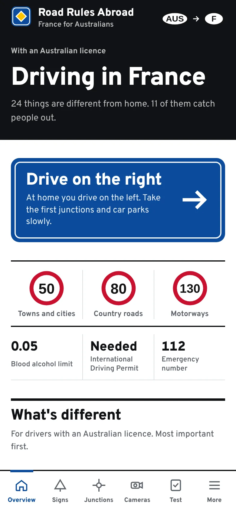 The app showing what's different in France for an Australian driver